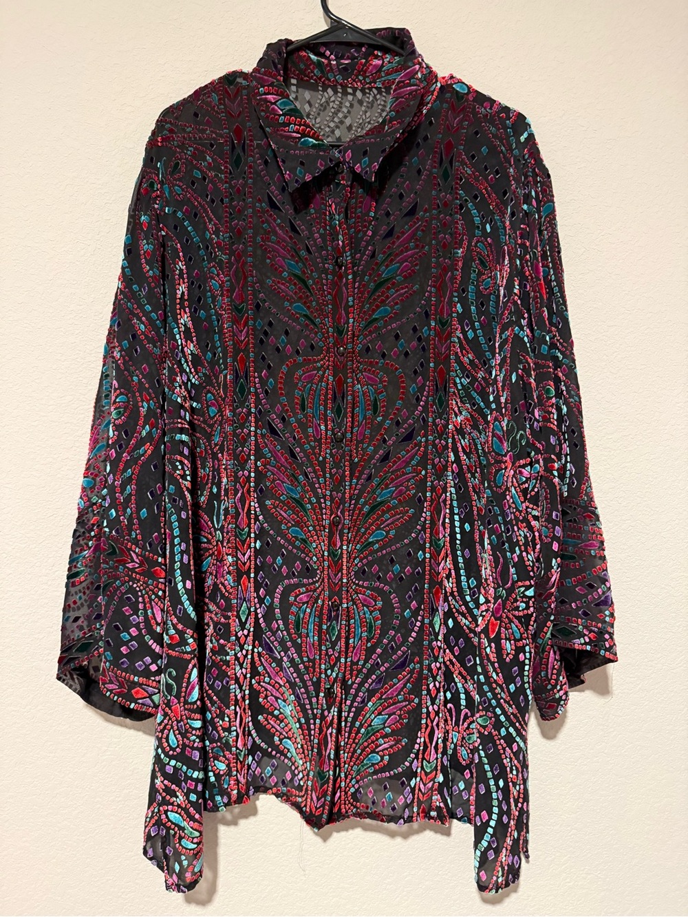VTG BOB MACKIE WEARABLE ART 3X SILK BLOUSE TUNIC SHEER BURNOUT VELOUR FESTIVE